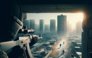 A man holding a gun while peering through a window in a video game.