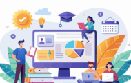 A colorful illustration of students engaging with digital tools, featuring a large monitor displaying graphs, books, and educational imagery.