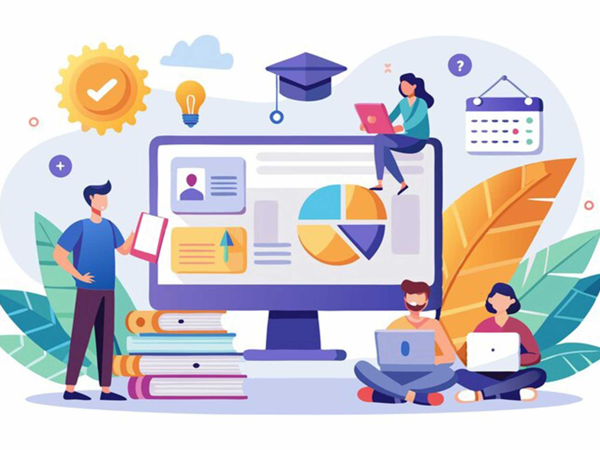 A colorful illustration of students engaging with digital tools, featuring a large monitor displaying graphs, books, and educational imagery.