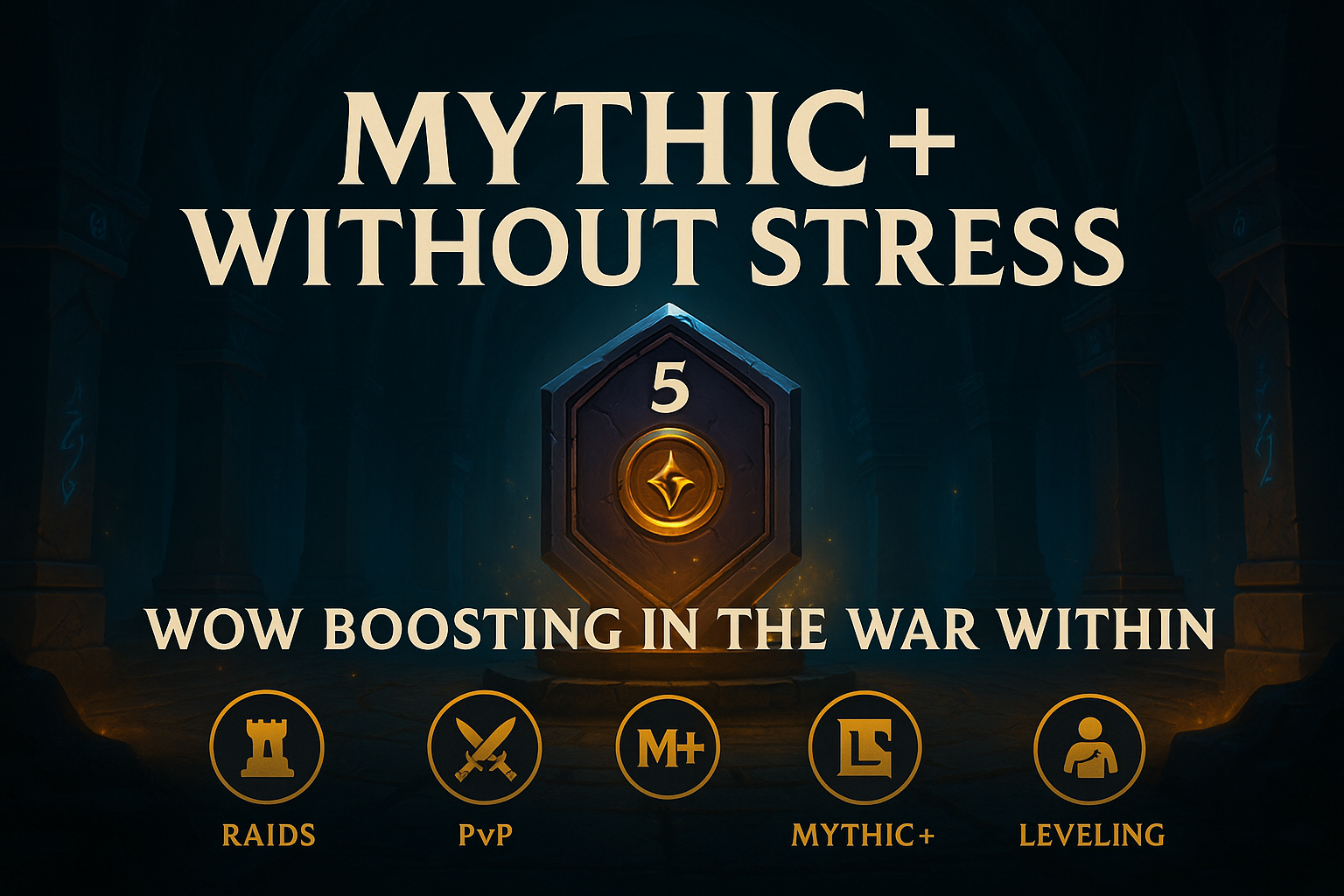 Promotional graphic for a WoW boosting service, featuring "Mythic+ Without Stress" and icons for Raids, PvP, Mythic+, and Leveling.