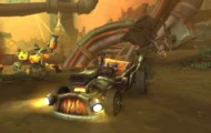 A junkyard scene featuring a mechanical vehicle with glowing headlights and a driver, surrounded by robots and debris in a dystopian landscape.