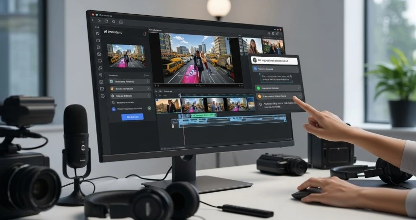 A person edits video on a large monitor featuring an AI assistant, surrounded by cameras and audio equipment in a modern workspace.