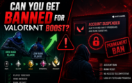 Illustration of Valorant rank boosting versus account bans, showing rank progression on one side and a suspended gaming account warning on the other.