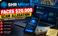 SHR Miner scam alert graphic warning users about $20,000 scam allegations, featuring a crypto-mining dashboard on a laptop and smartphone, cash, and warnings about failed withdrawals, fake promises, poor support, and potential loss of funds.