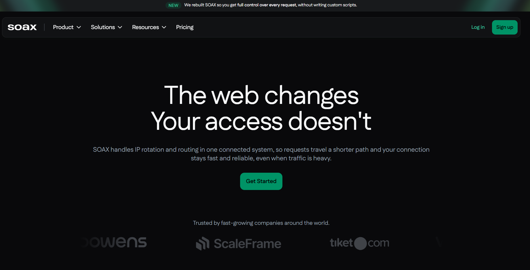 Screenshot of Soax homepage