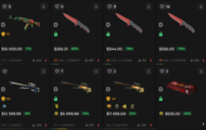 DMarket marketplace showing eight CS2 items, including weapon skins, knives, and a sticker capsule, with prices, discounts, and item details.
