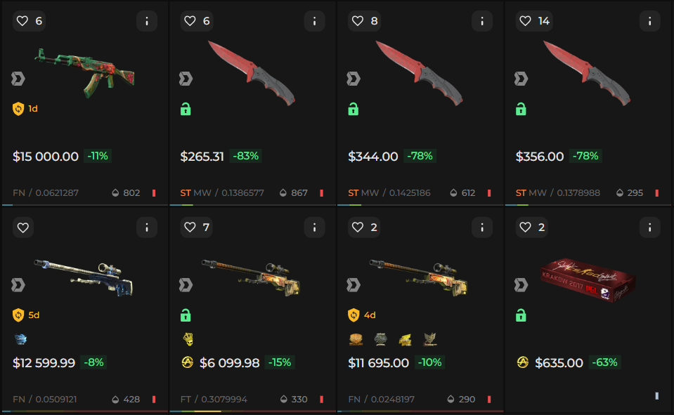 DMarket marketplace showing eight CS2 items, including weapon skins, knives, and a sticker capsule, with prices, discounts, and item details.