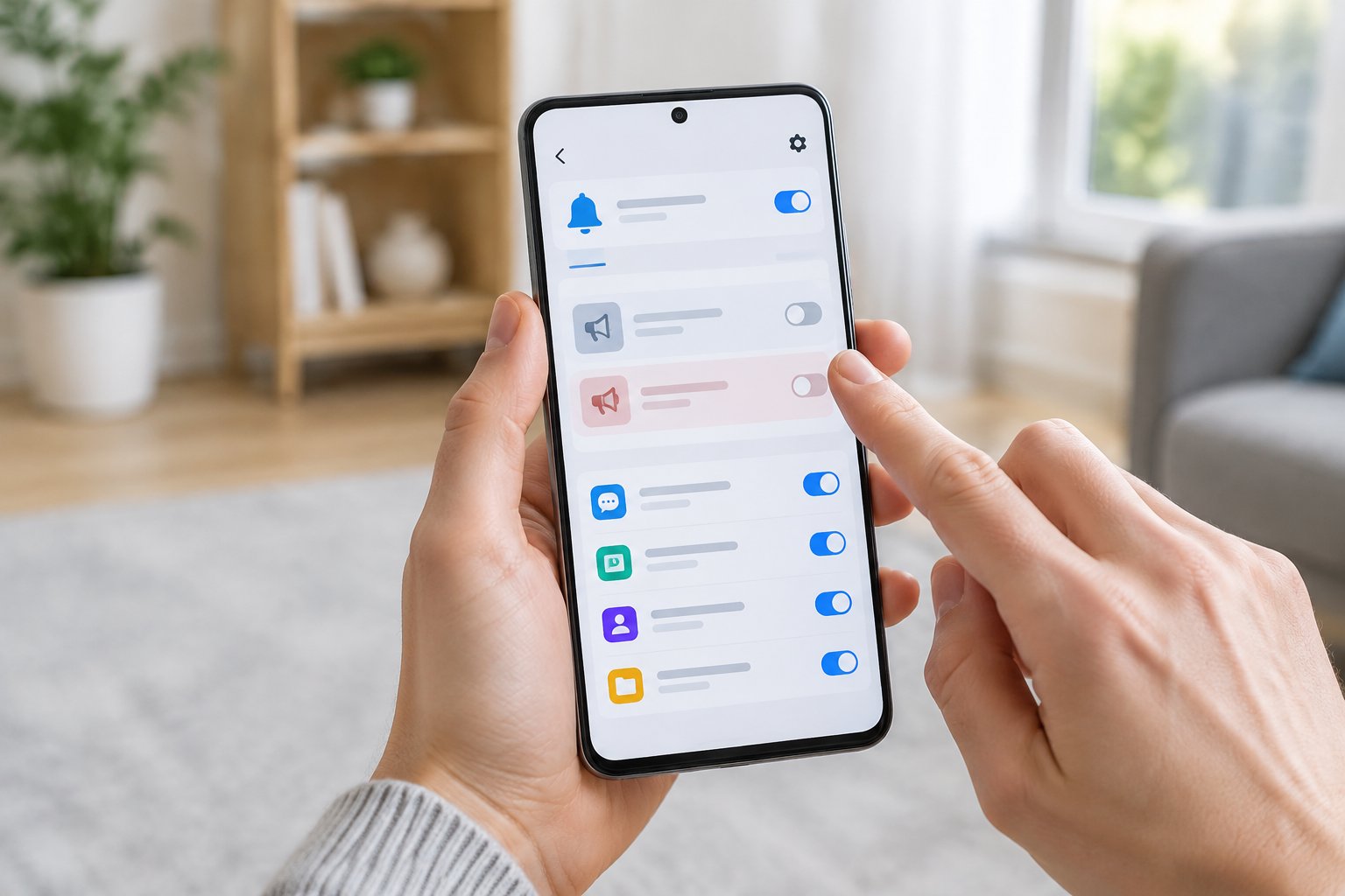 A person turns off promotional notifications in a smartphone’s settings.