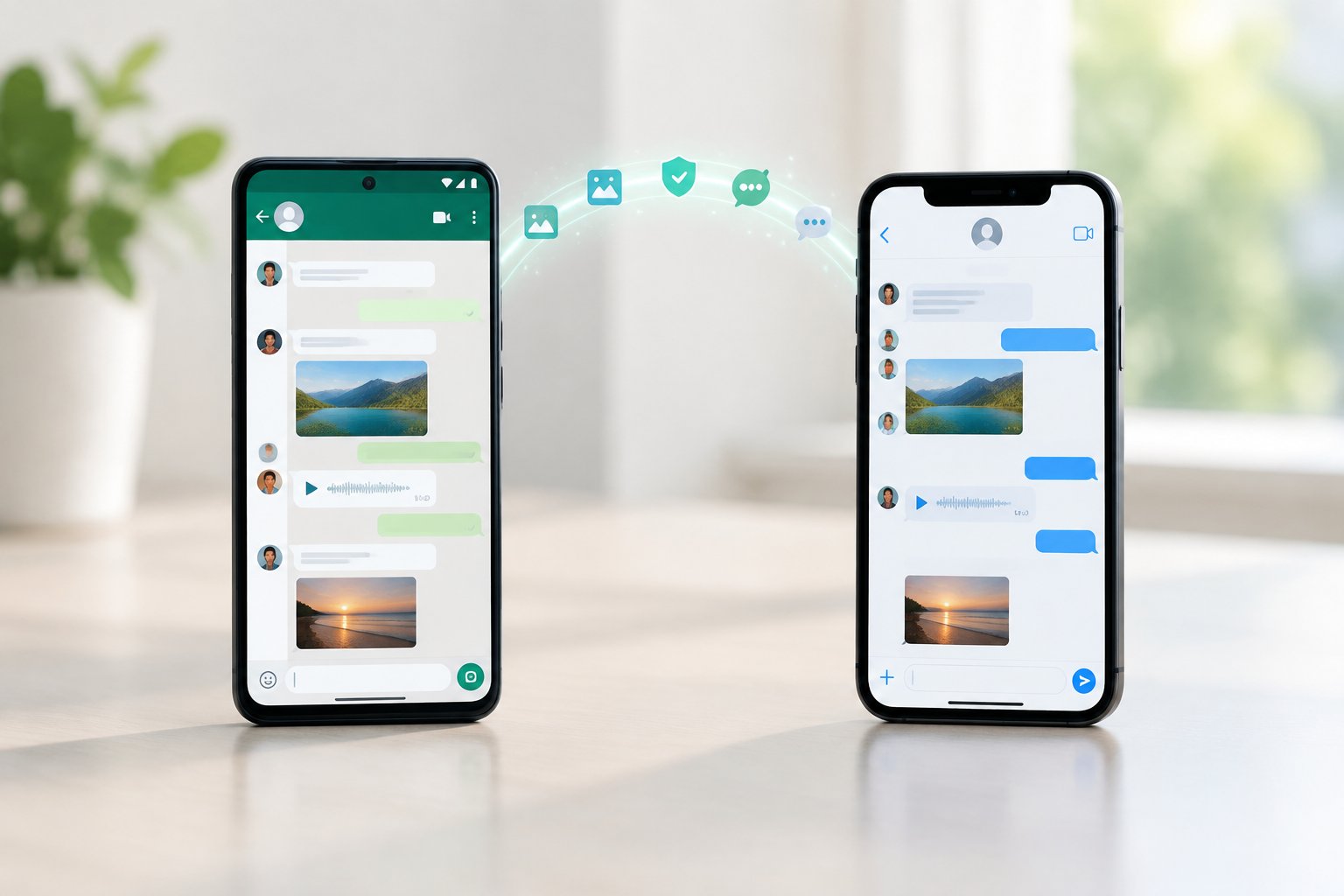 An Android phone and an iPhone sit side by side as message icons move between them.