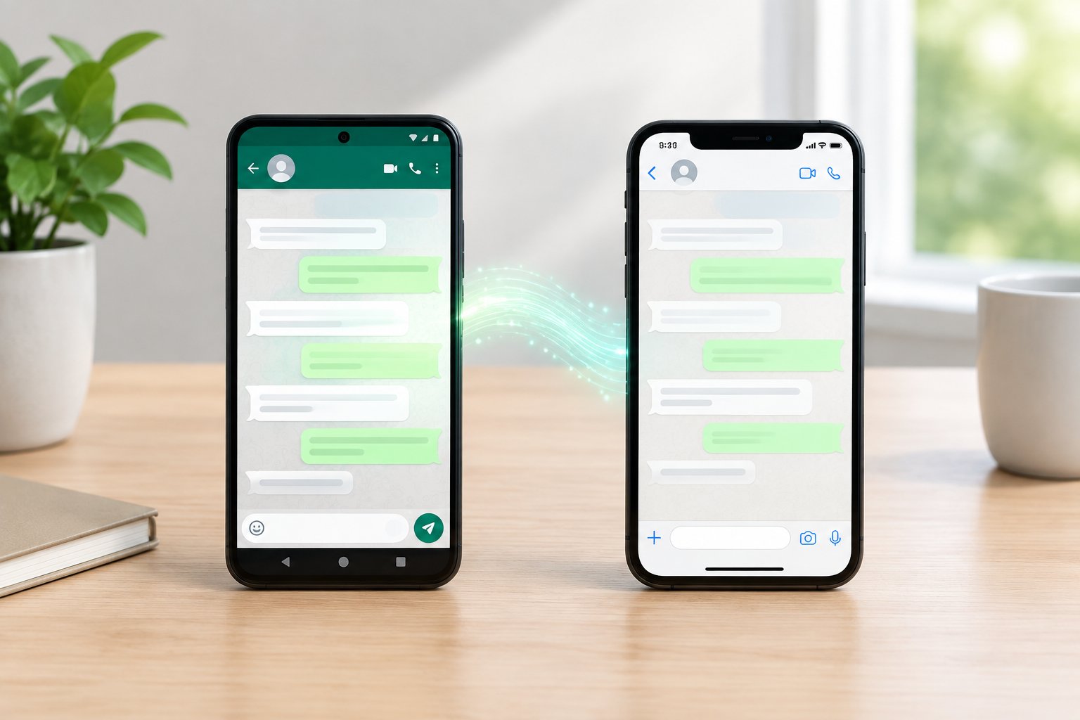 An Android phone and an iPhone showing chat conversations as messages transfer between them.