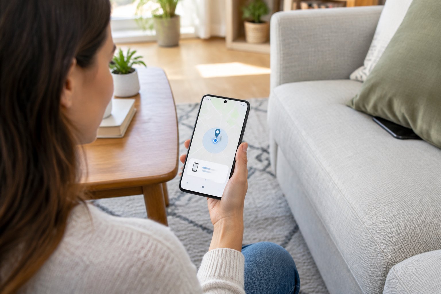 A person checks a phone while looking for a missing phone under a sofa cushion.