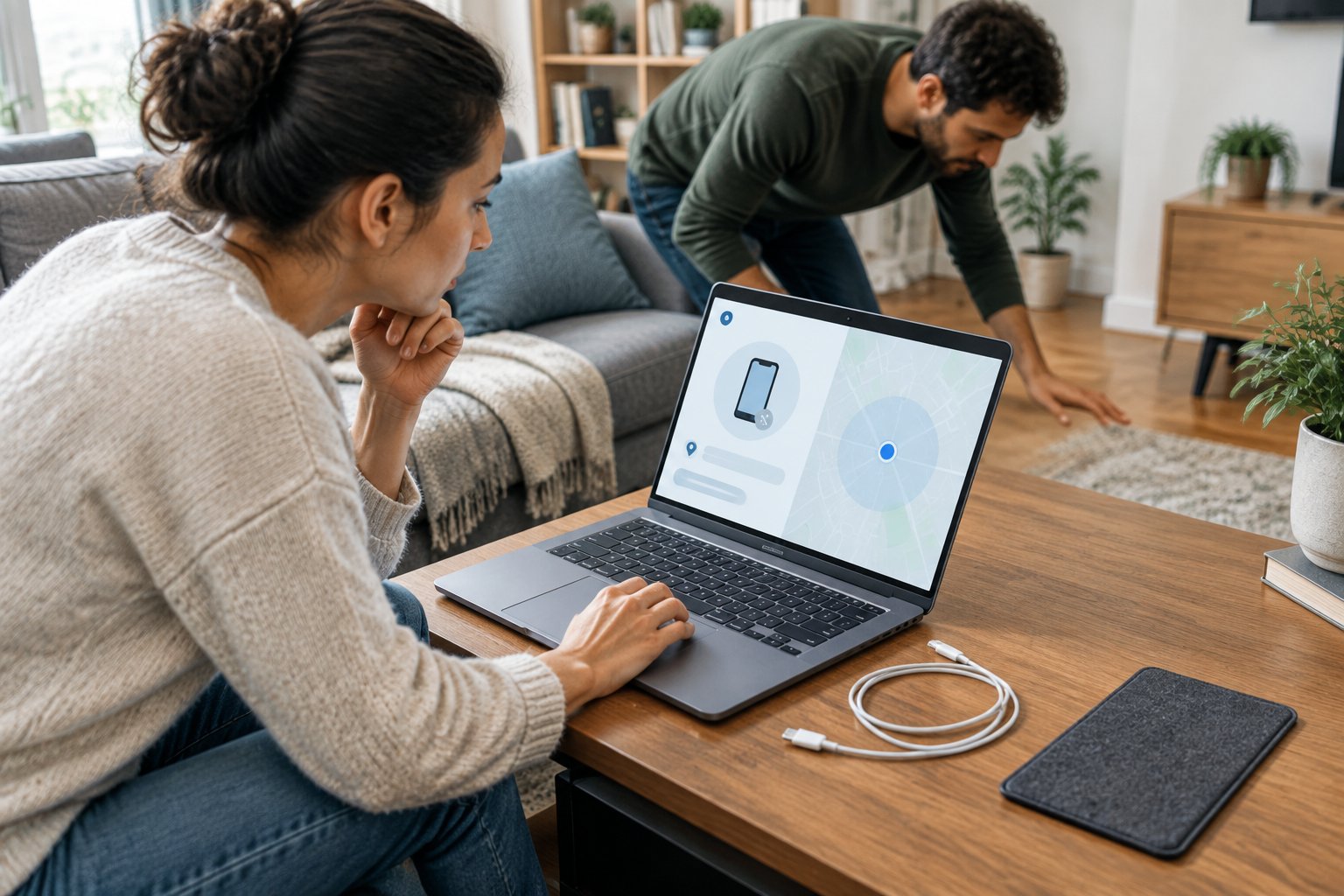 A person checks a laptop while searching for a missing phone at home.