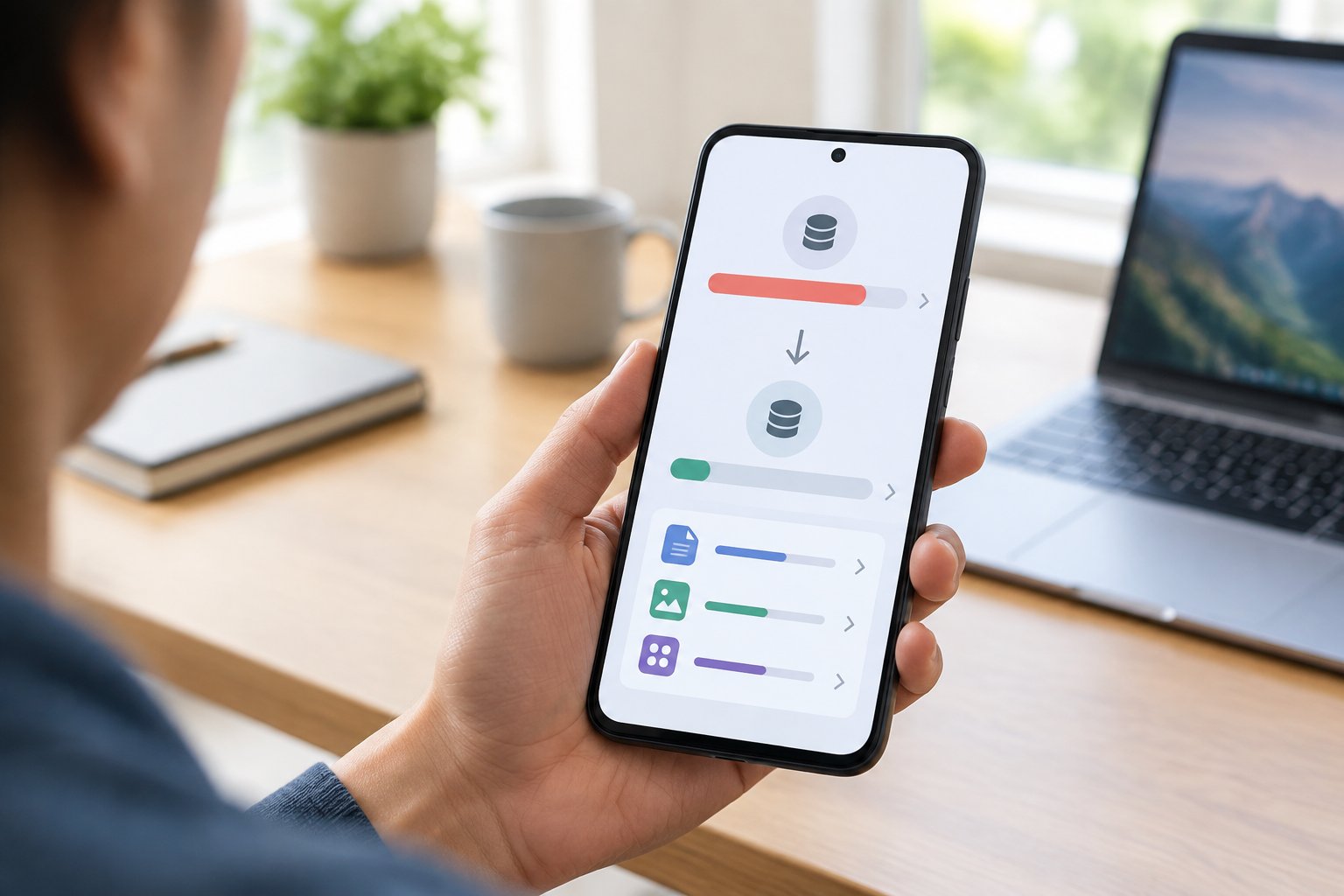 A person holds a smartphone displaying a storage bar with more free space.